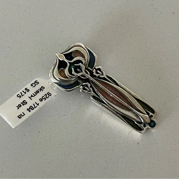 Unique pink & green enameled sterling silver 925 pendant - Picture 6 of 10